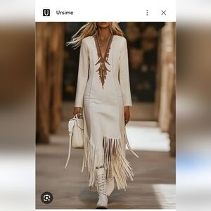 NWT.Ursime Ivory Fringe Midi Dress with Brown Embroidered V